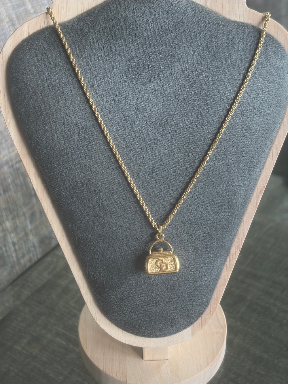 Dior Gold Mini Handbag Pendant Necklace 16”-18””.